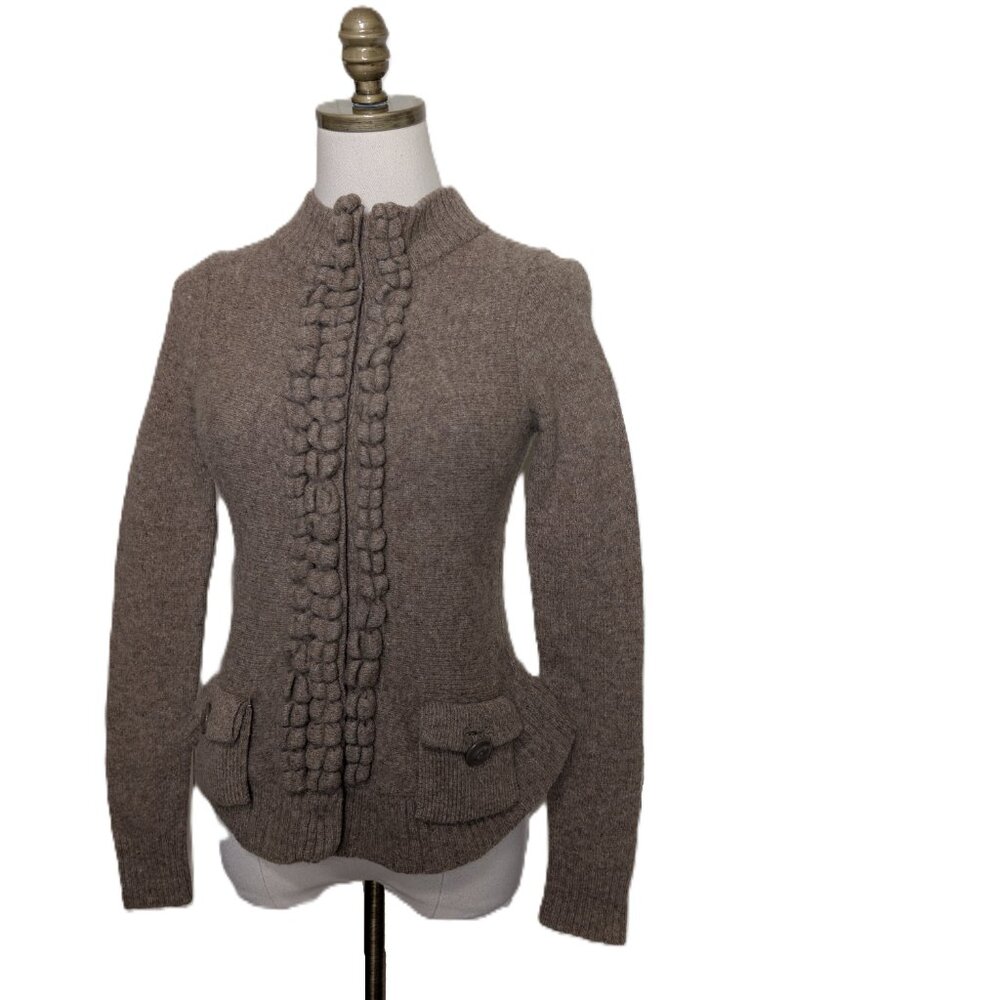 Anthropologie Moth Wool Blend Floating Sparks Ruffle Front Cardigan Size S Brown - Picture 3 of 6
